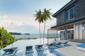 Sea view swimming pool in modern loft design,Luxury ocean Beach house, 3d rendering