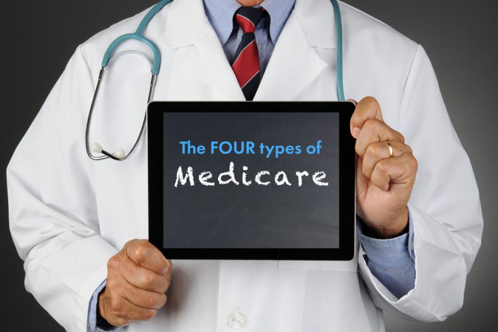 Closeup of a doctor holding a tablet computer with a chalkboard screen with the word four parts of Medicare.