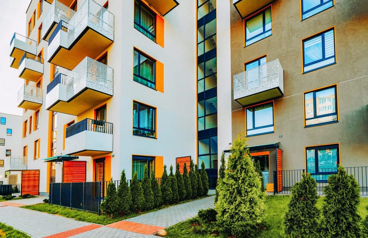 Modern residential apartments with flats being protected by renters insurance.