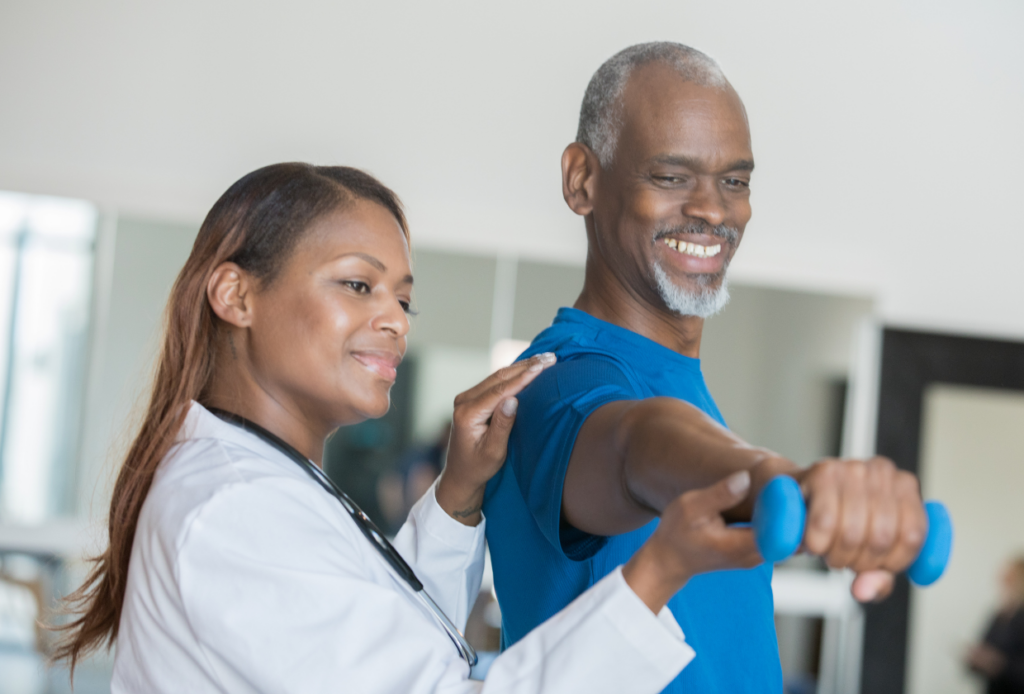 Senior on Medicare at a physical therapy appointment