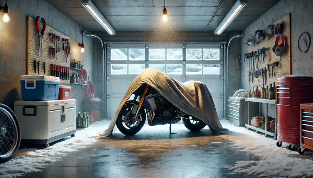 motorcycle parked under a protective cover in a snowy, wintery garage setting.