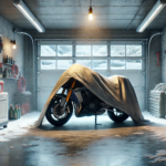 motorcycle parked under a protective cover in a snowy, wintery garage setting.